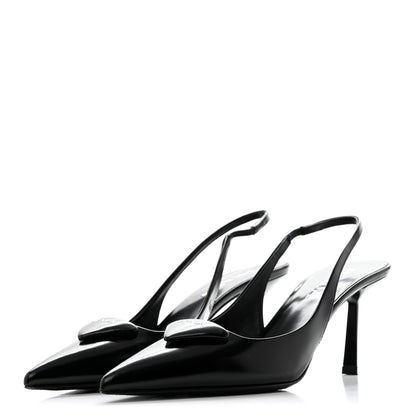 Prada Spazzolato Triangle Logo Pointed Toe 75mm Slingback Pumps 37 Black 4 of 11