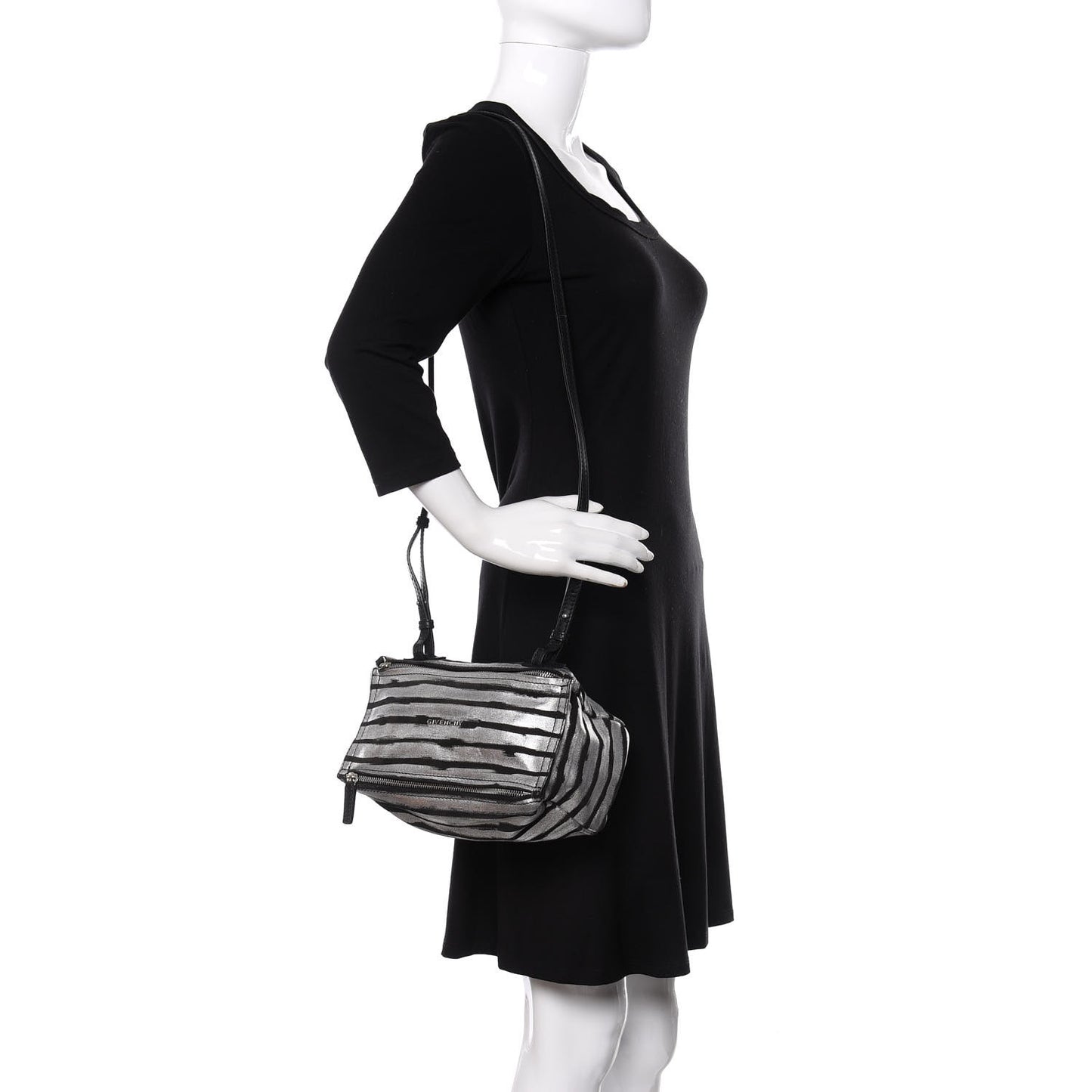 Metallic Calfskin Striped Mini Pandora Black Silver