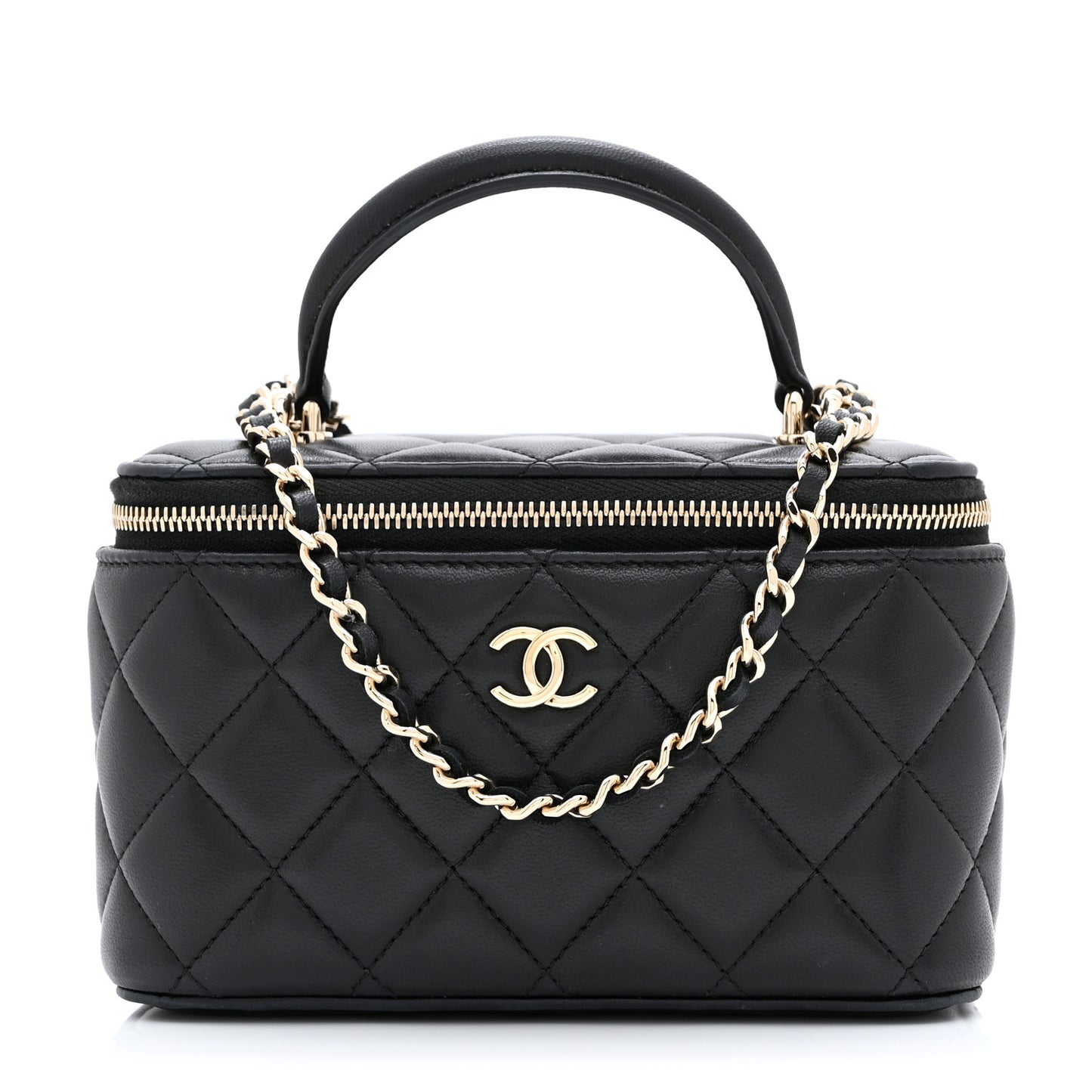 Lambskin Quilted Small Top Handle Vanity Case With Chain Black