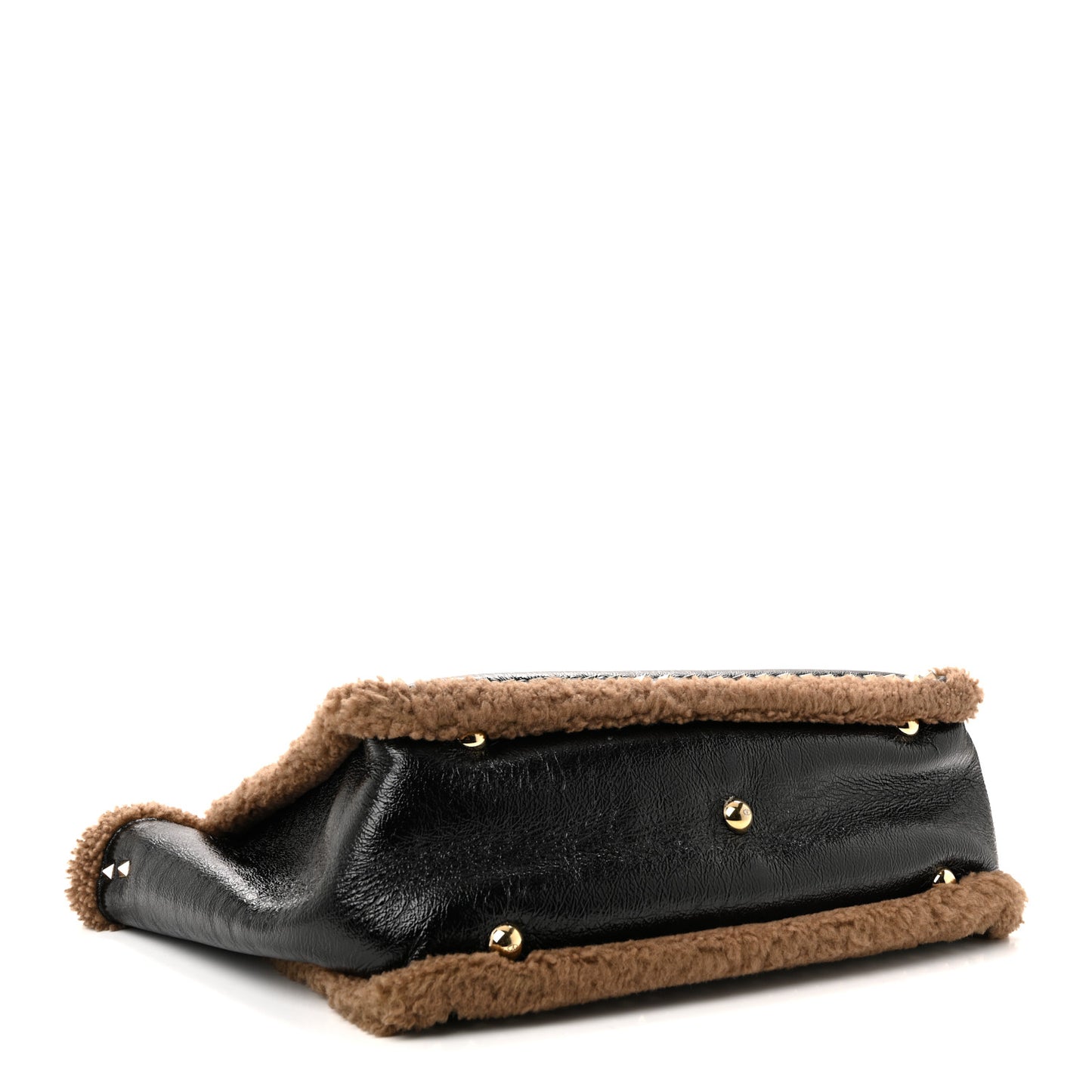 Textured Patent Calfskin Shearling Medium Rockstud Tote Black