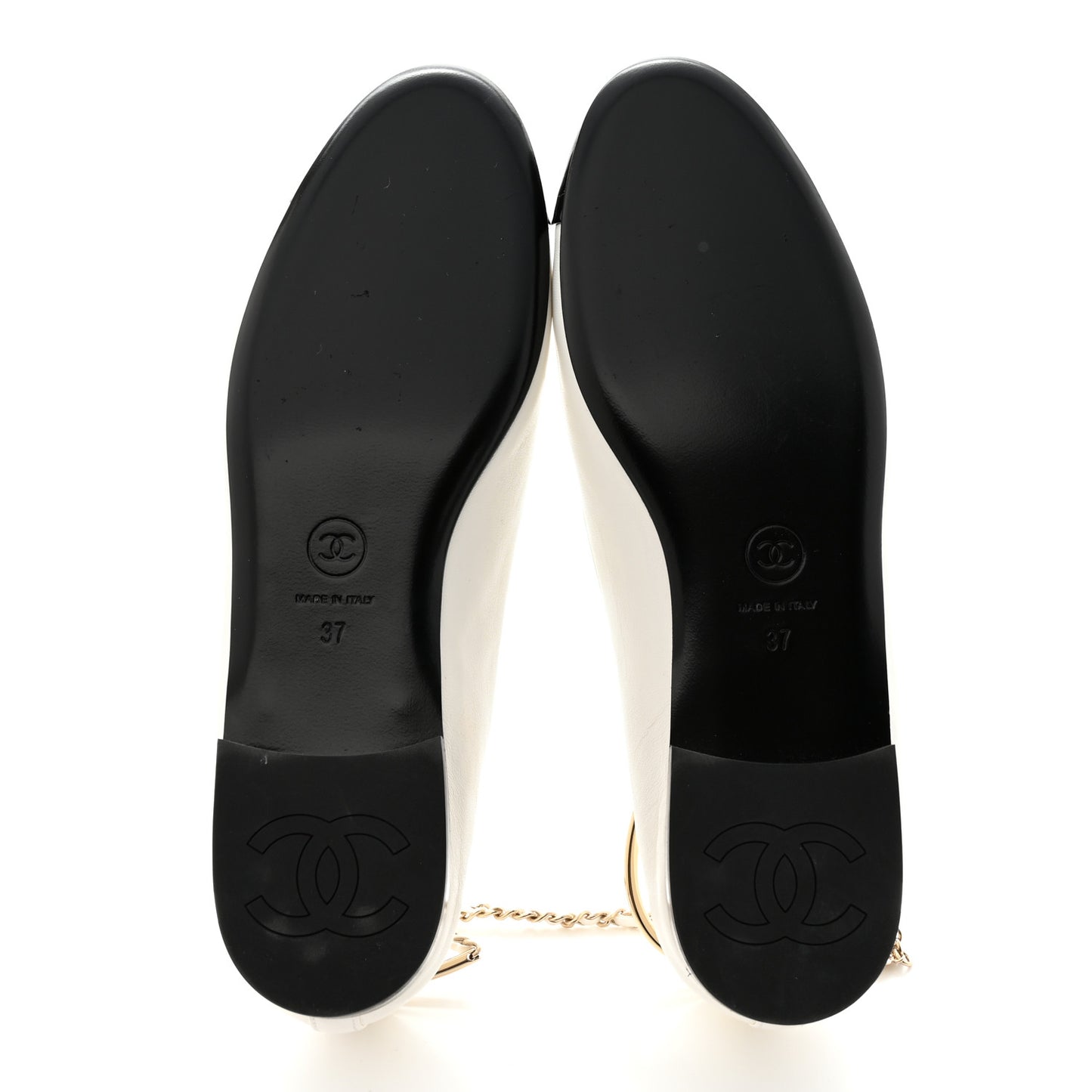 Lambskin Patent Calfskin Cap Toe Ankle Chain Ballerina Flats 37 White Black