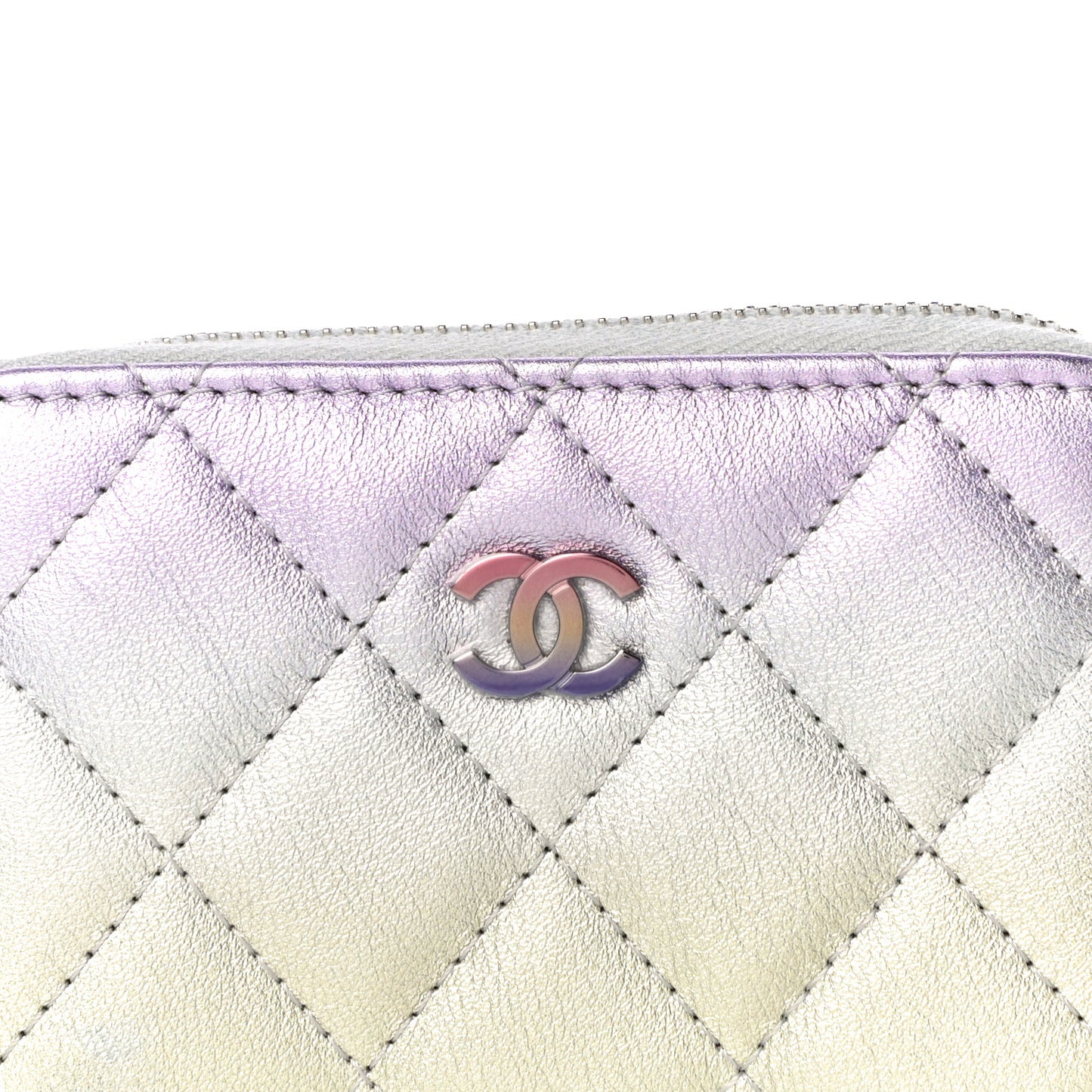 Gradient Metallic Calfskin Quilted Zip Around Coin Purse Wallet Silver Blue Yellow Purple