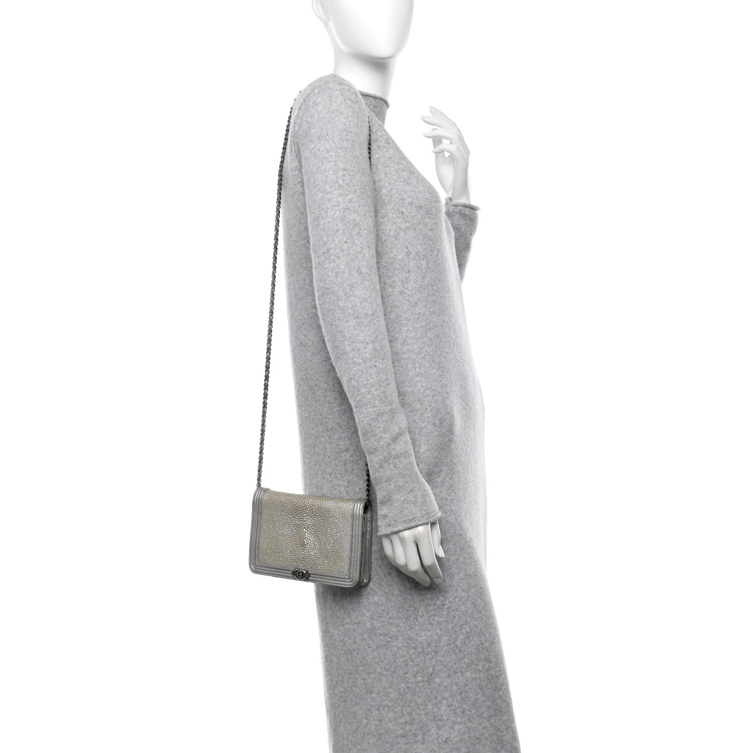 Chanel Metallic Galuchat Stingray Lambskin Boy Wallet On Chain WOC Silver 2 of 12