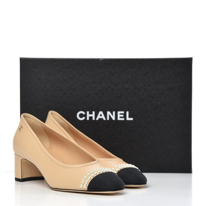Chanel Lambskin Grosgrain Pearl Cap Toe CC Pumps 37 Beige Black 10 of 10