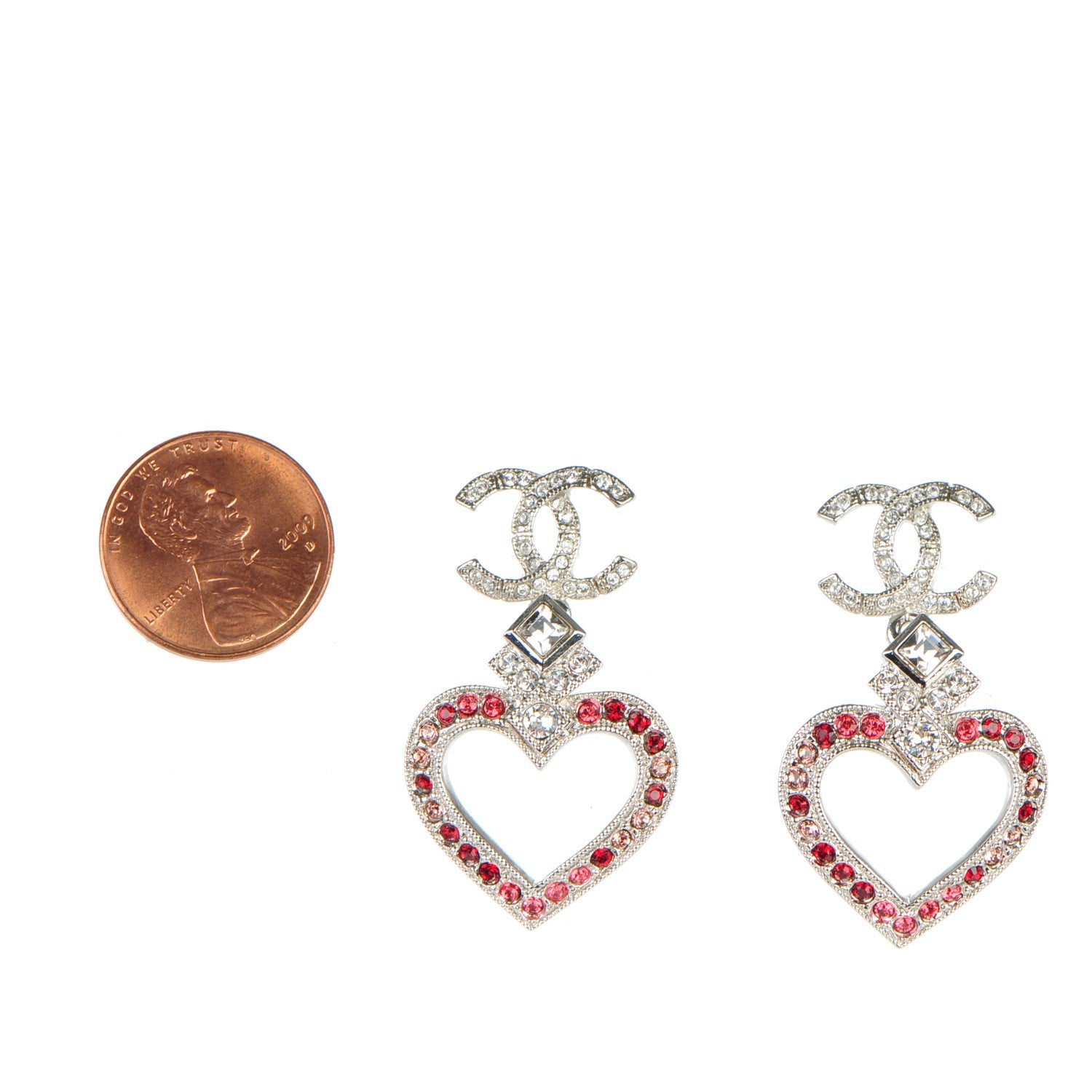 Chanel Crystal Heart CC Drop Earrings Silver 2 of 5