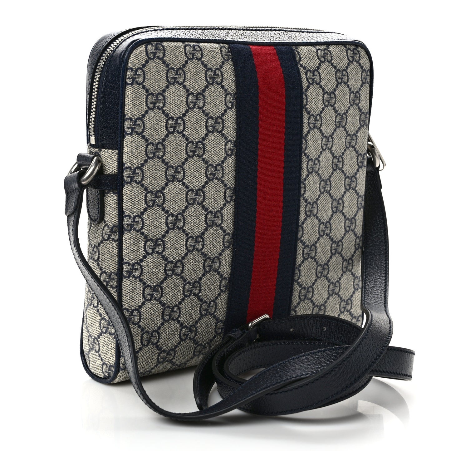 GG Supreme Monogram Textured Dollar Calfskin Web Small Ophidia Messenger Bag Beige Blue