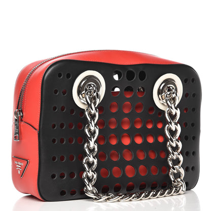 Prada City Calfskin Perforated Chain Shoulder Bag Black Lacca 4 of 10