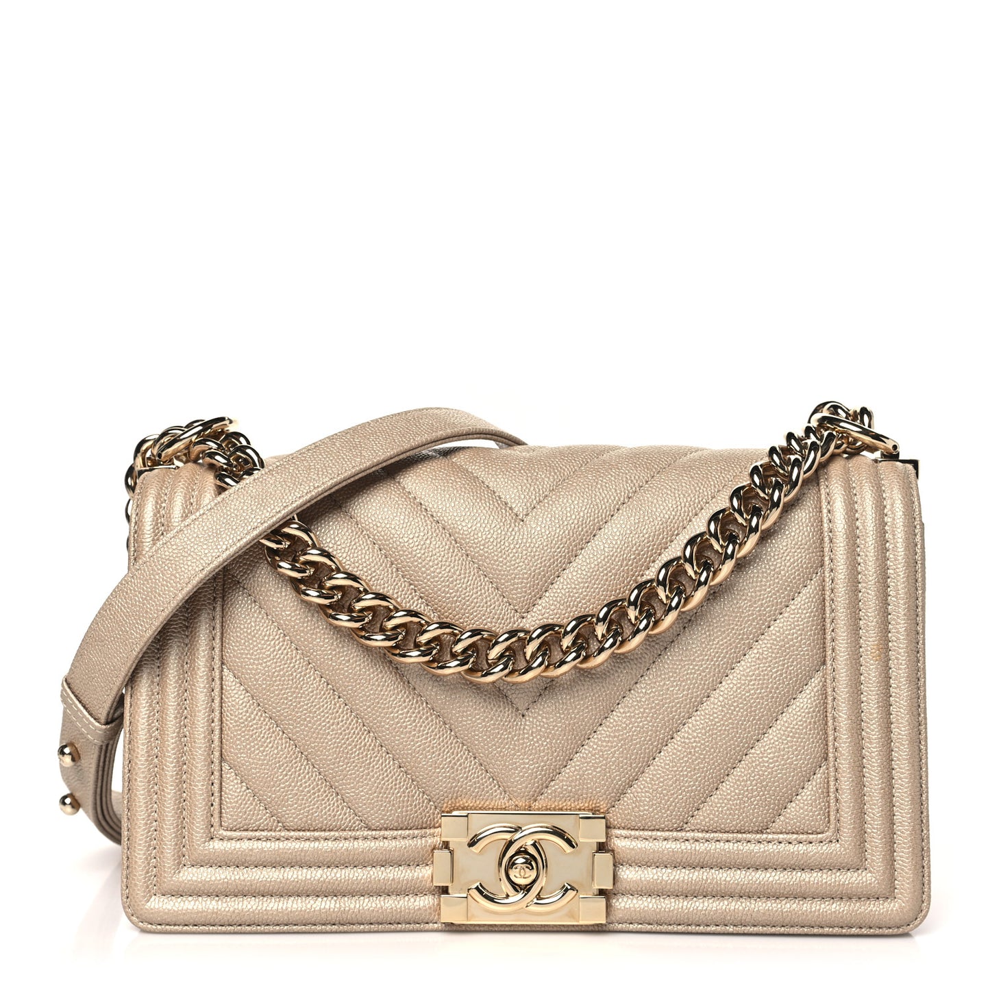 Iridescent Caviar Chevron Quilted Medium Boy Flap Beige