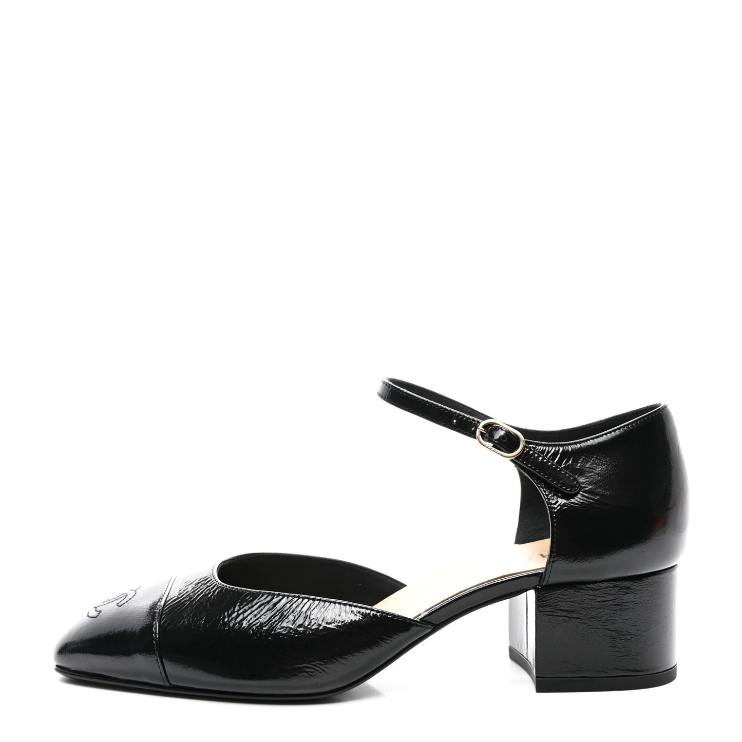Glazed Crinkled Calfskin CC Cap Toe Mary Janes Pumps 39.5 Black