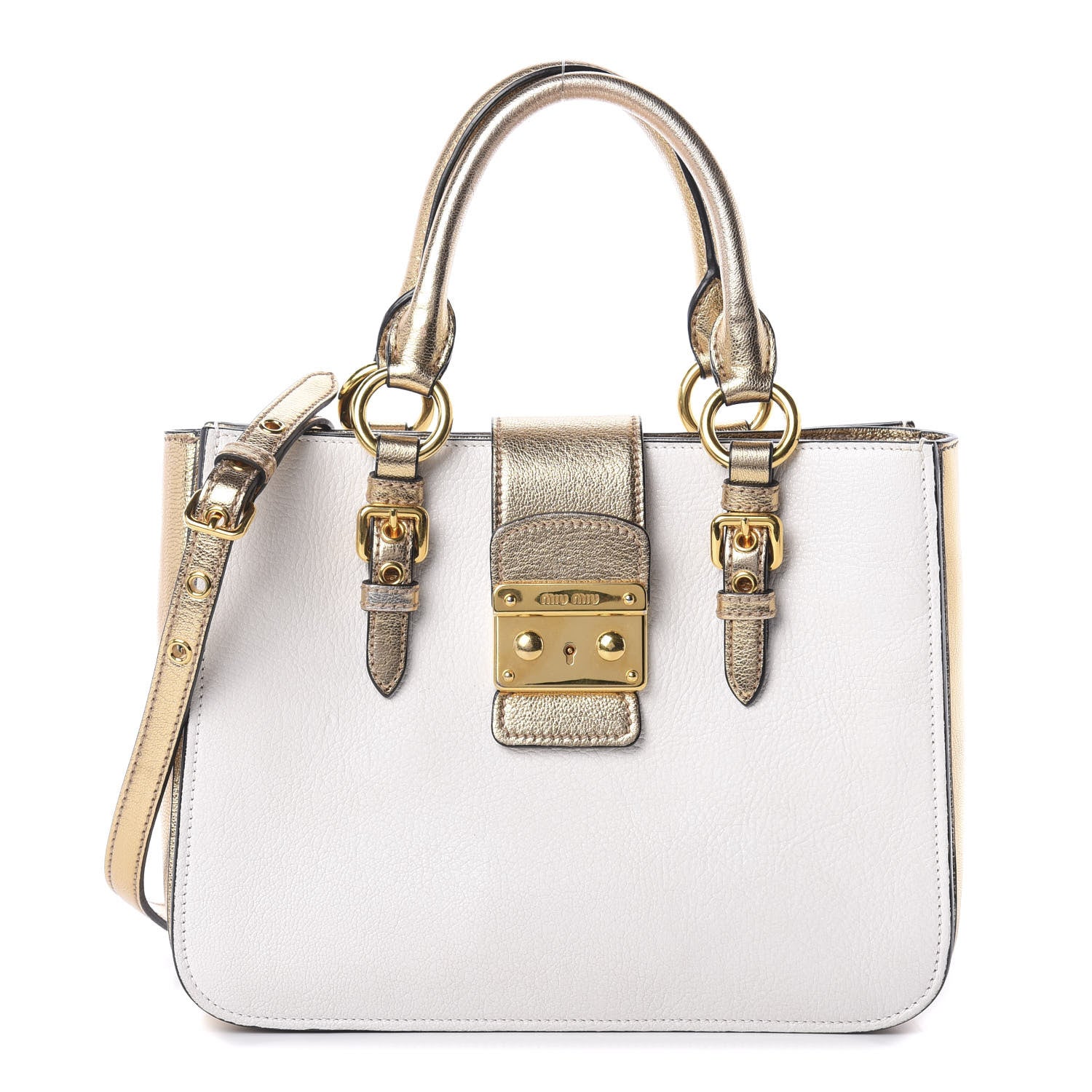 Miu Miu Metallic Goatskin Madras Bi-Color Shopping Tote White Pyrite 1 of 9