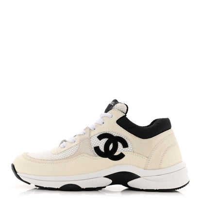 Chanel Mesh Suede Calfskin Grained Calfskin Womens CC Sneakers 37.5 White Black 1 of 10