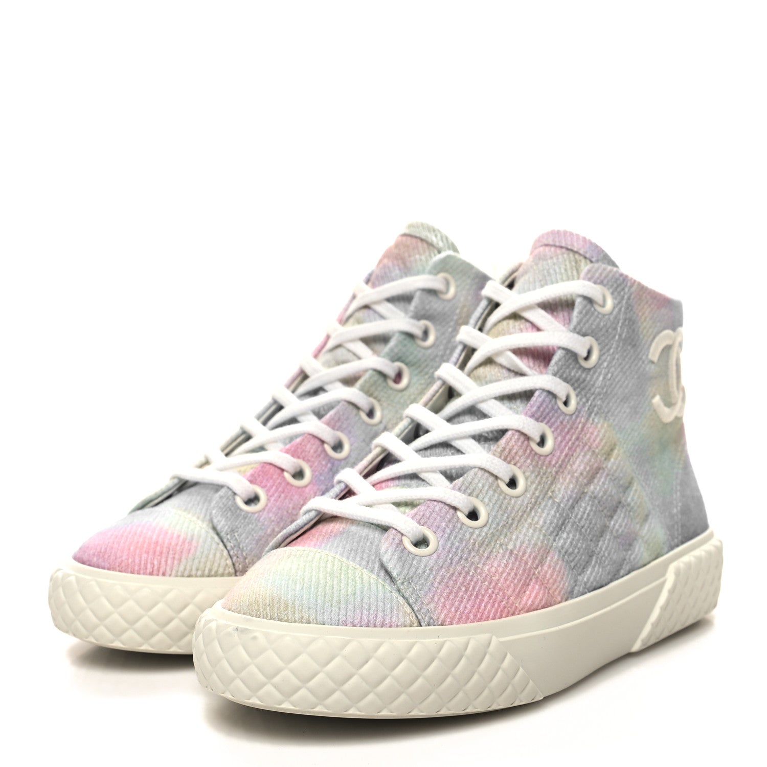 Chanel Printed Fabric Quilted High Top Sneakers 36 Green Pink Blue White 3 of 11
