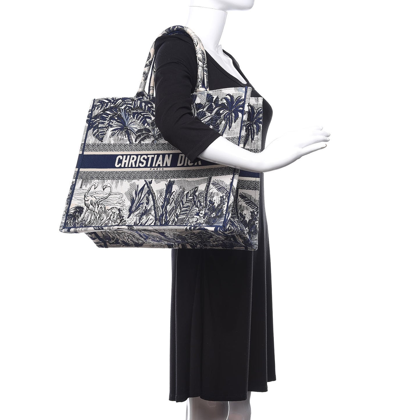 Canvas Embroidered Large Palm Tree Toile De Jouy Book Tote Blue