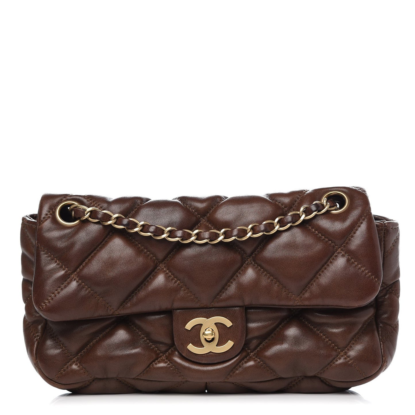 Lambskin Small Bubble Quilt Flap Bag Brown