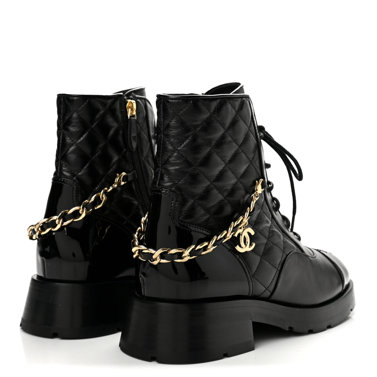 Chanel Shiny Calfskin Patent Quilted Chain Lace Up Combat Boots 39 Black 5 of 9