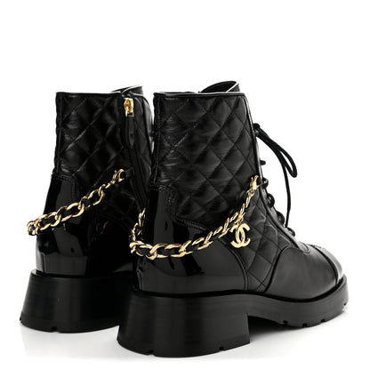 Chanel Shiny Calfskin Patent Quilted Chain Lace Up Combat Boots 39 Black 5 of 9