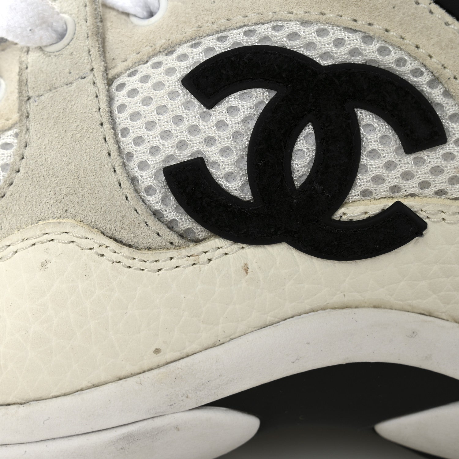 Chanel Mesh Suede Grained Calfskin Womens CC Sneakers 37 White