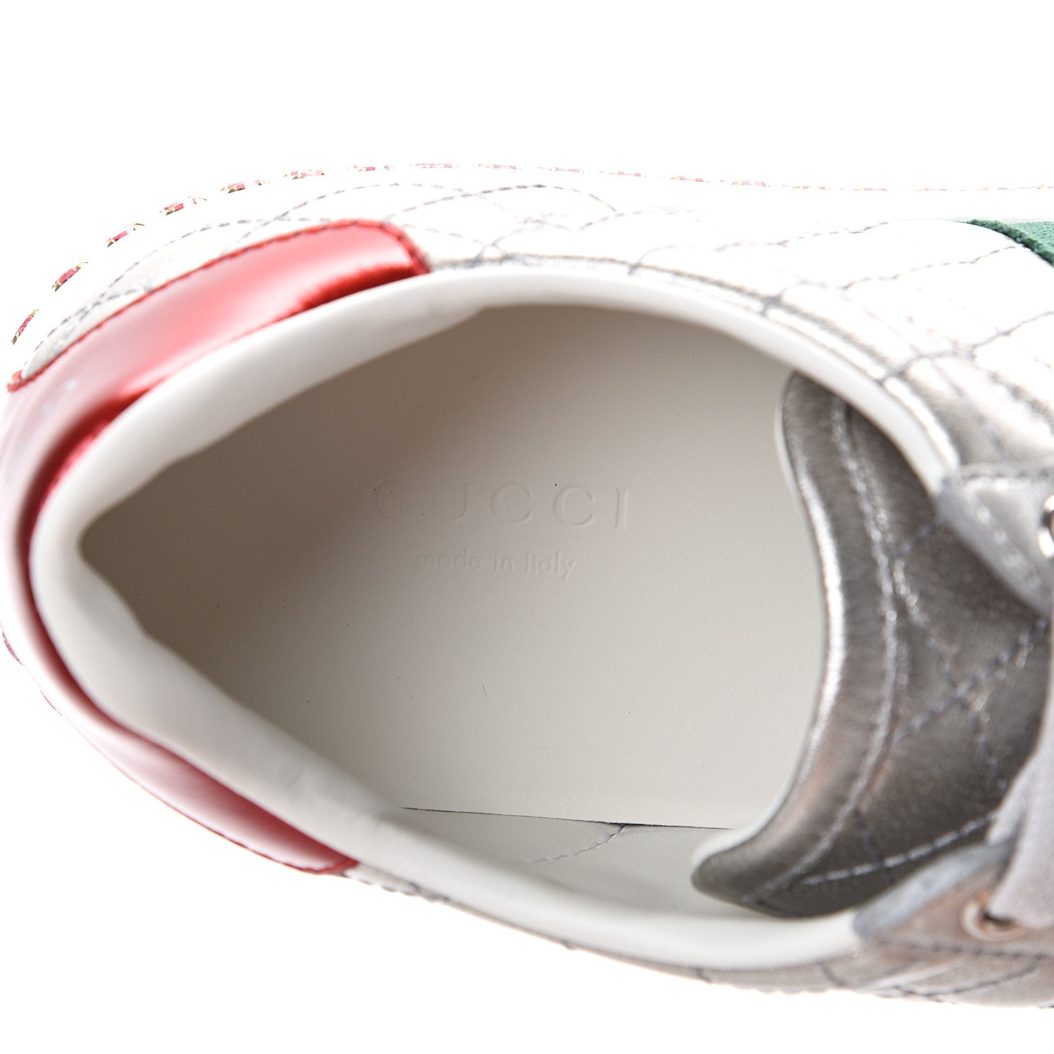 Gucci Laminated Nappa Crystal Web Bee Embroidered Trapuntata Womens Ace Platform Sneakers 36.5 Argento 7 of 8