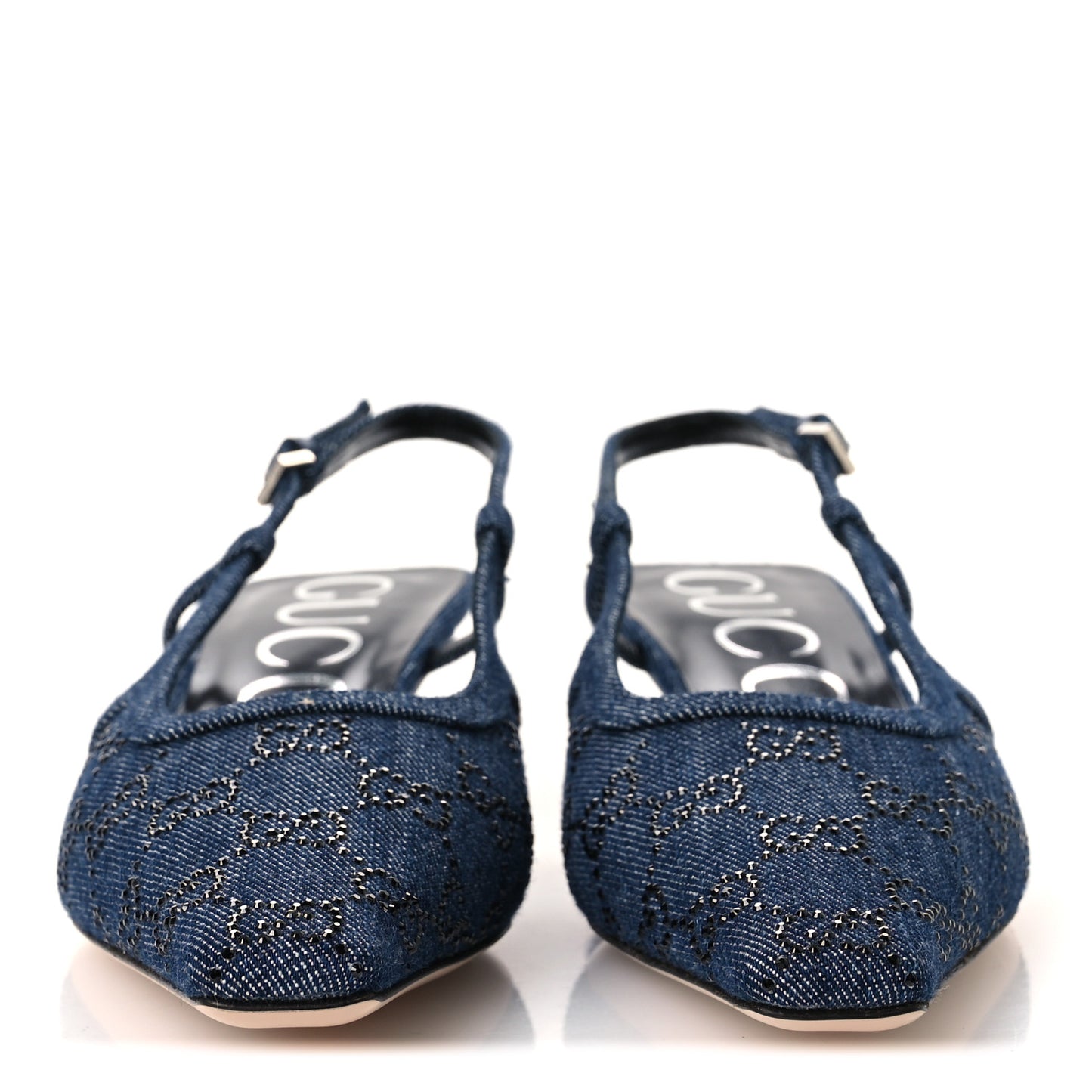 Denim GG Monogram Malaga Kid Crystal Square G 35mm Slingback Pumps 38 Blue