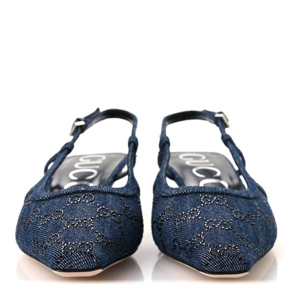 Gucci Denim GG Monogram Malaga Kid Crystal Square G 35mm Slingback Pumps 38 Blue 3 of 11