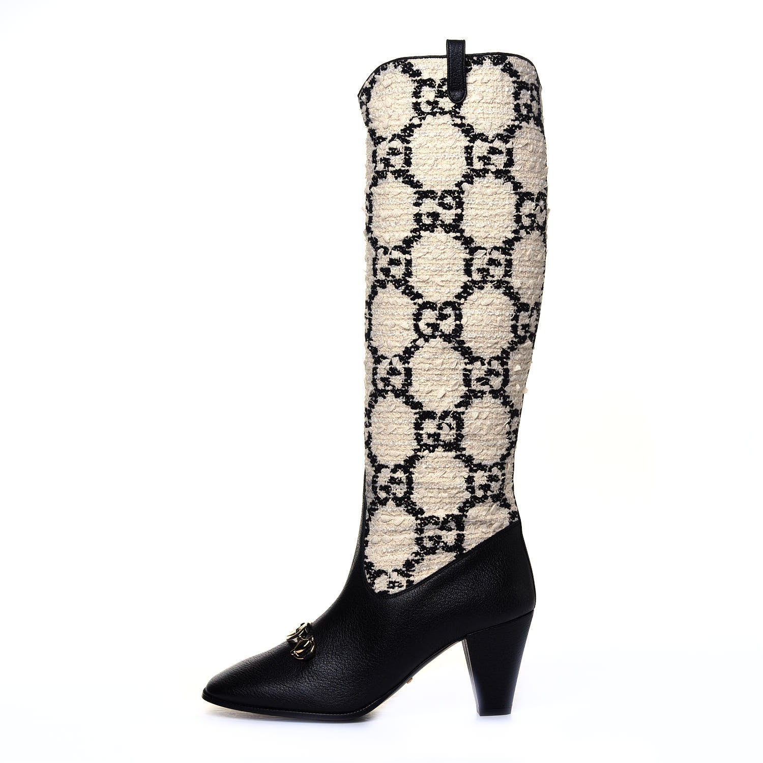 Gucci Tweed GG Monogram Wrinkled Kid Zumi Knee Boots 38.5 Natural Black 1 of 6