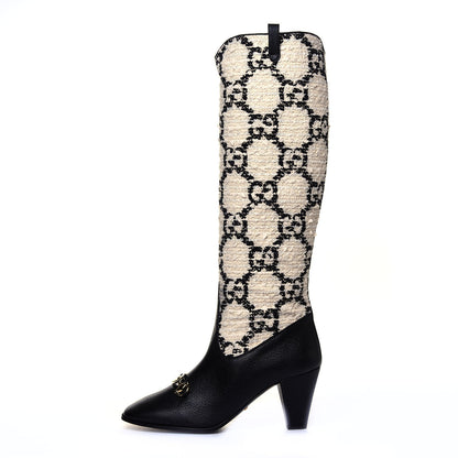 Gucci Tweed GG Monogram Wrinkled Kid Zumi Knee Boots 38.5 Natural Black 1 of 6