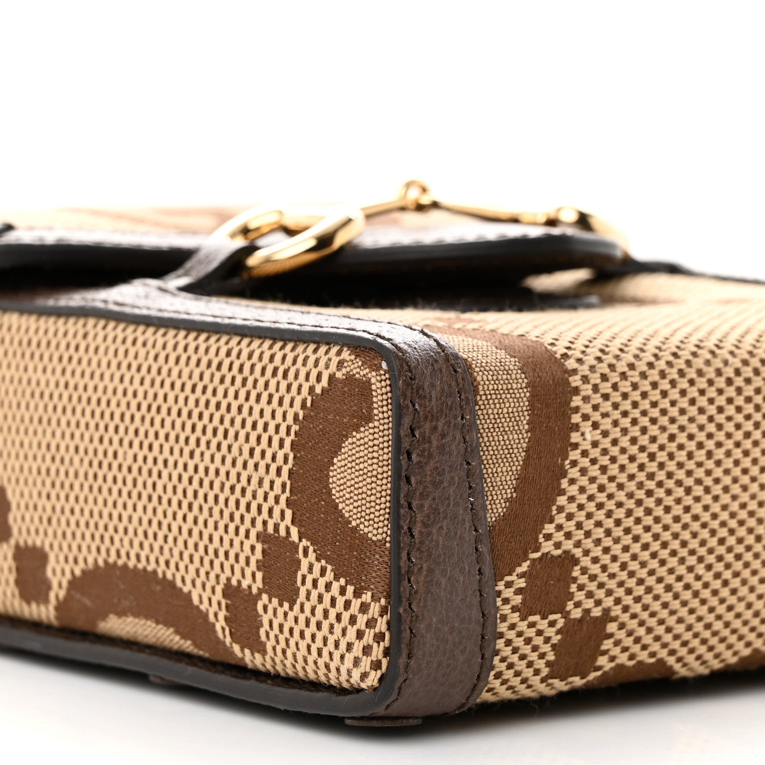 Gucci Monogram Jumbo GG Textured Dollar Calfskin Mini Horsebit 1955 Crossbody Bag Camel Ebony New Acero 9 of 11