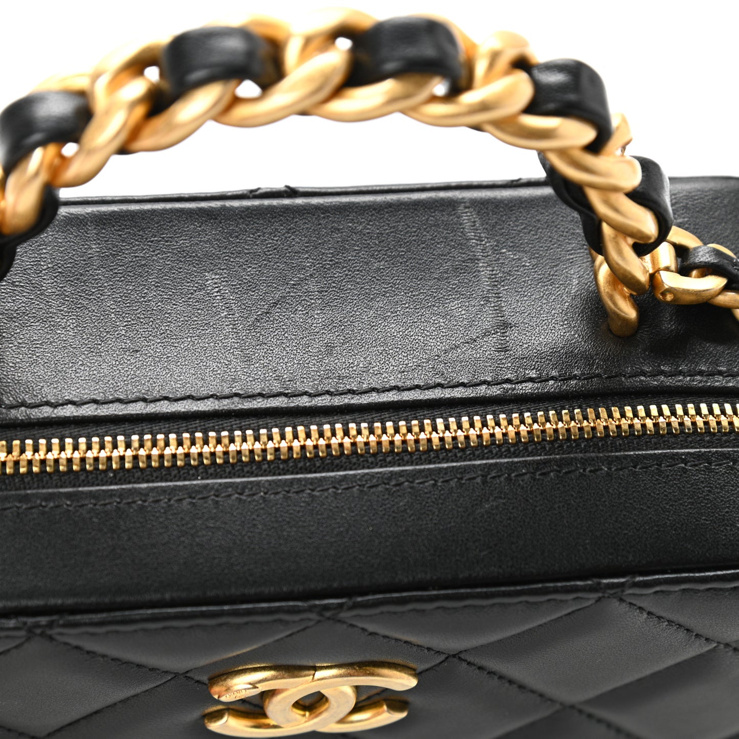 Lambskin Quilted Top Handle Small Vanity Case Black
