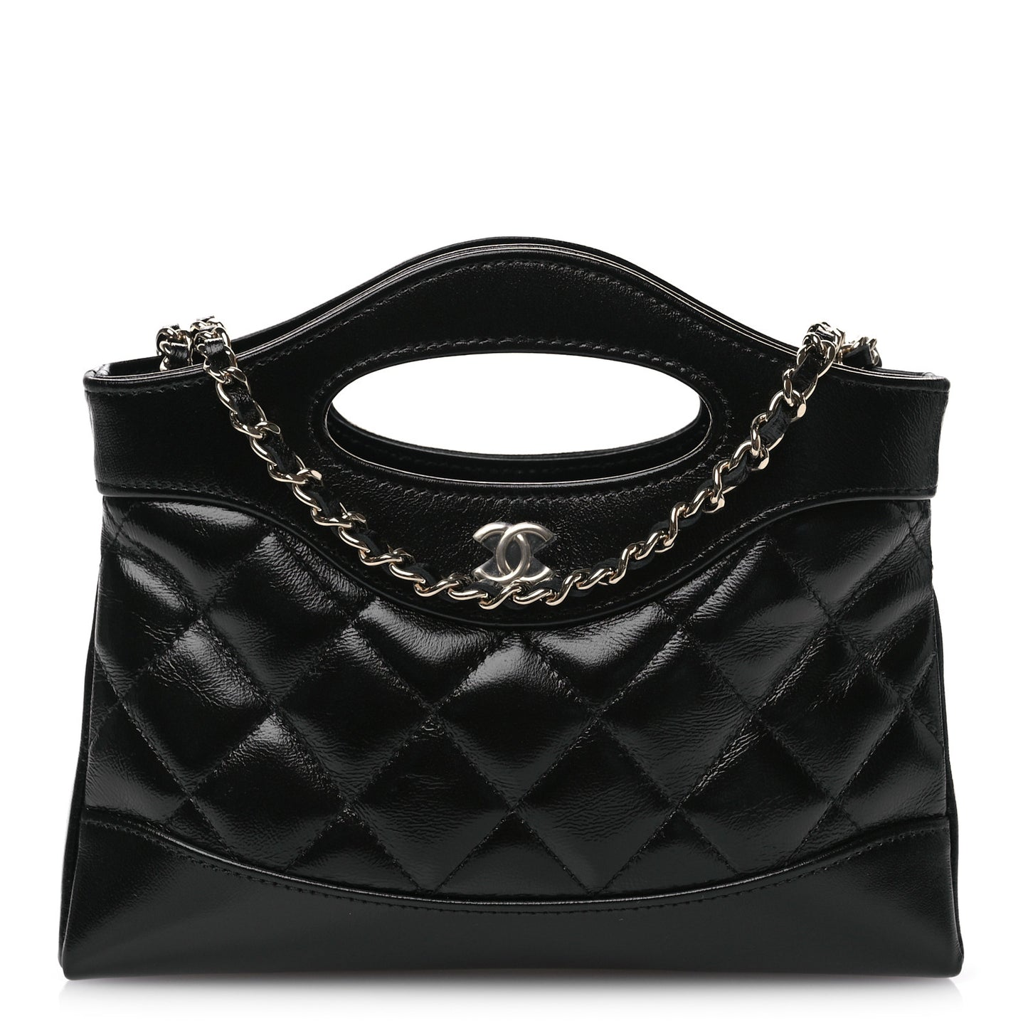 Shiny Crumpled Calfskin Quilted Nano 31 Shopping Bag Black