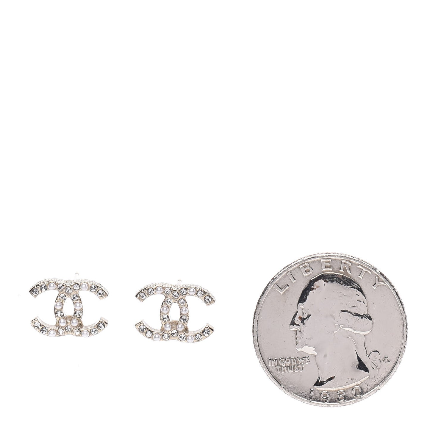 Pearl Crystal CC Charms Stud Earrings Light Gold