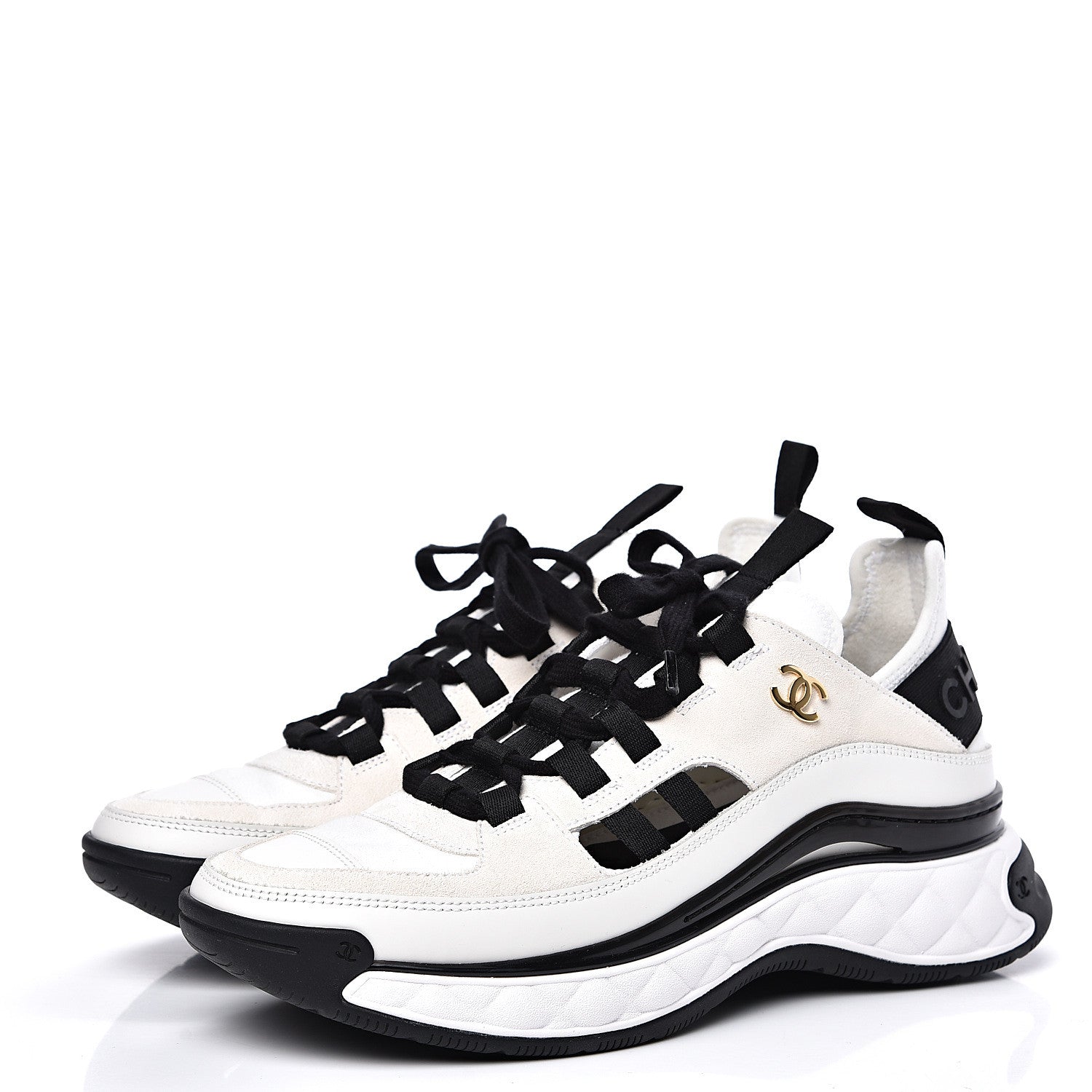Chanel Fabric Calfskin Suede CC Sneakers 37.5 White Black 3 of 10