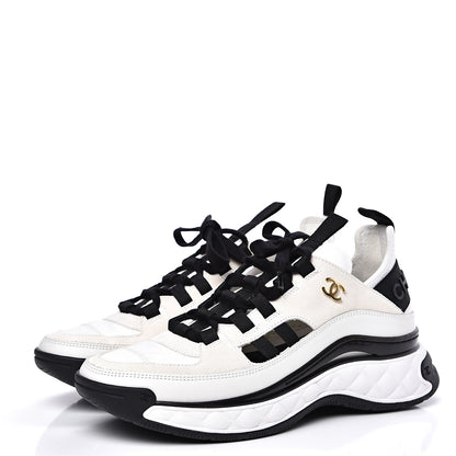 Chanel Fabric Calfskin Suede CC Sneakers 37.5 White Black 3 of 10