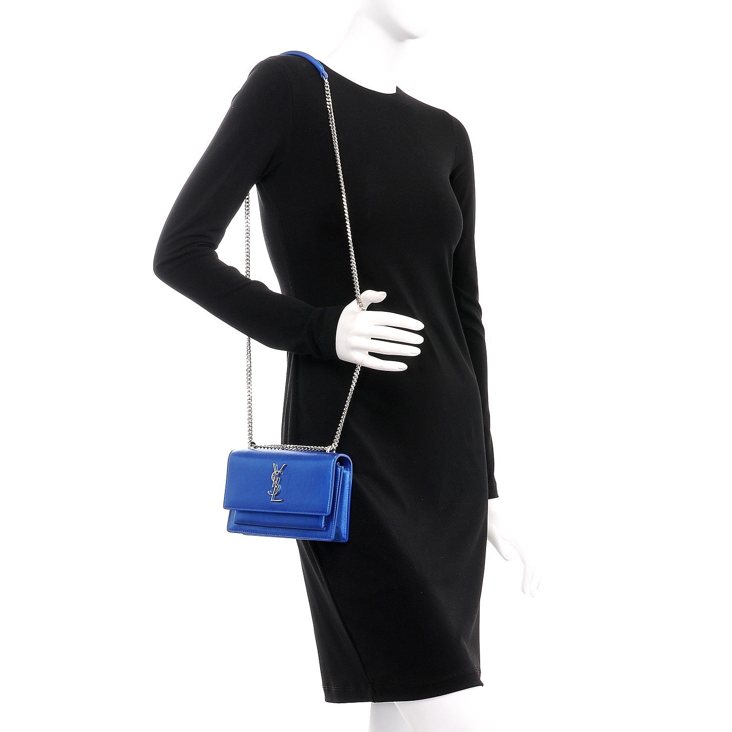 Saint Laurent Metallic Calfskin Monogram Sunset Chain Wallet Blue Royal 2 of 10