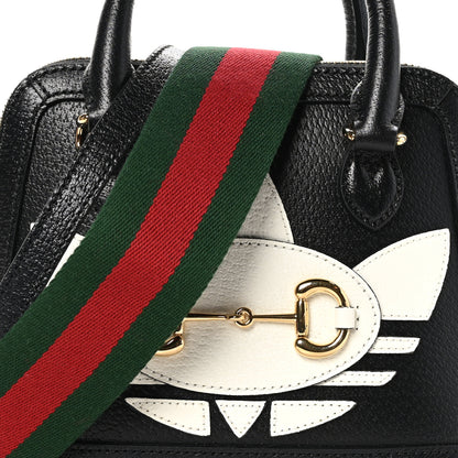 Gucci X ADIDAS Textured Dollar Calfskin Web Trefoil Mini Horsebit 1955 Top Handle Bag Black Off White 8 of 10