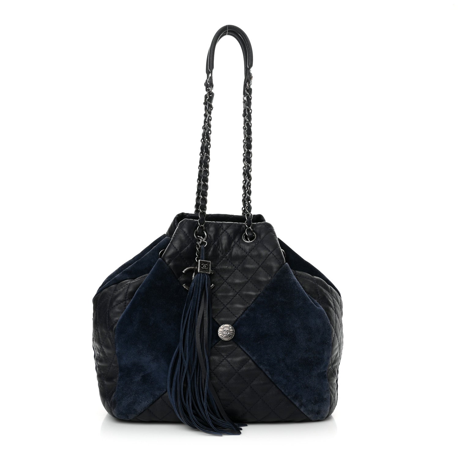 Chanel Goatskin Suede Calfskin Quilted Patchwork Drawstring Bag Blue 1 of 16