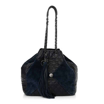 Chanel Goatskin Suede Calfskin Quilted Patchwork Drawstring Bag Blue 1 of 16