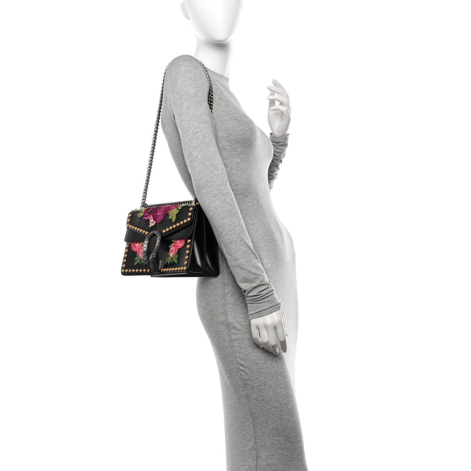 Gucci Calfskin Floral Embroidered Studded Small Dionysus Shoulder Bag Black 2 of 12