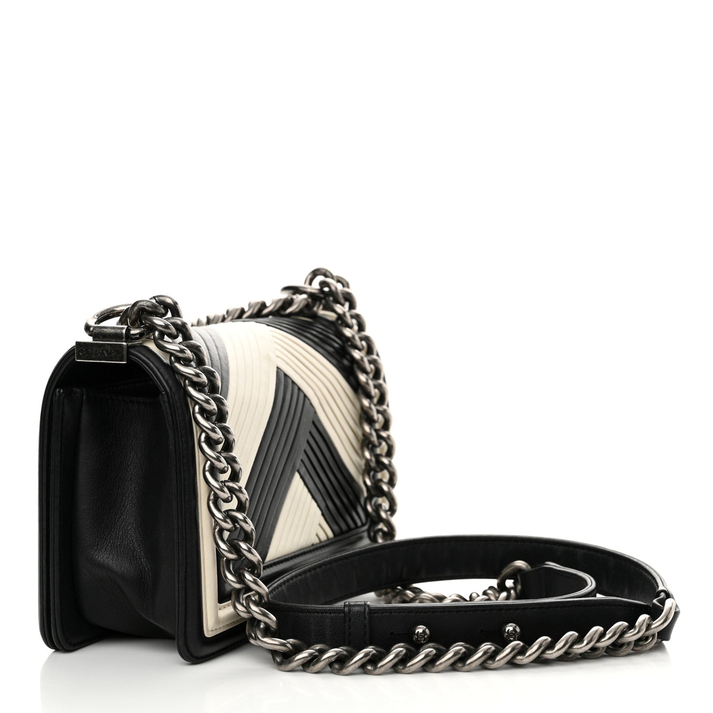 Calfskin Pleated Small Boy In Rome Flap Black White