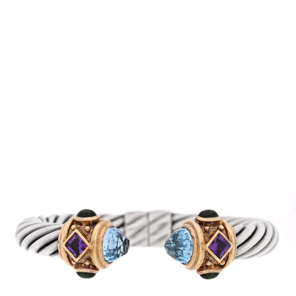 David Yurman Sterling Silver 14K Yellow Gold Blue Topaz Amethyst Green Tourmaline 10mm Cable Renaissance Bracelet 1 of 3
