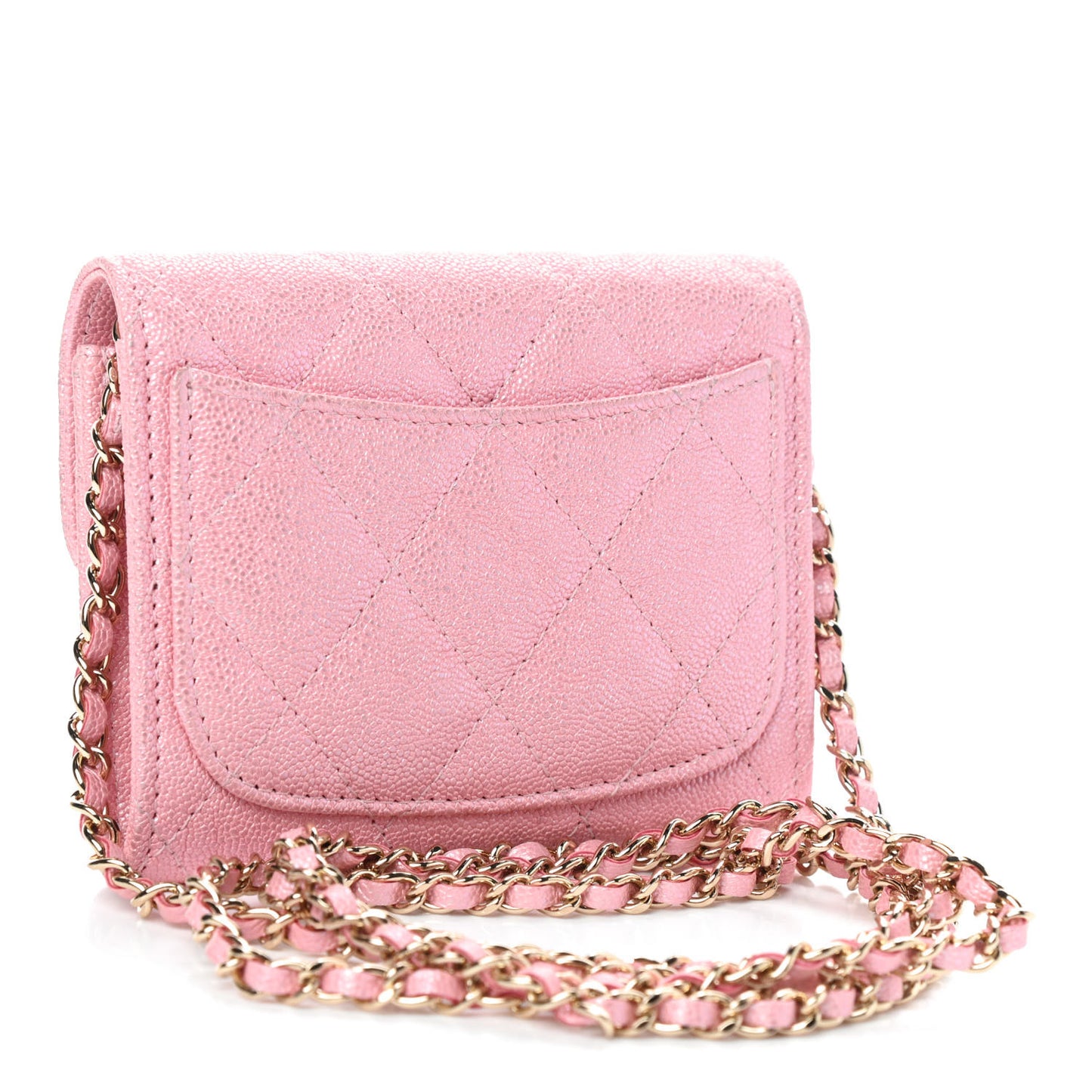 Iridescent Caviar Quilted Flap Card Holder On Chain Pink