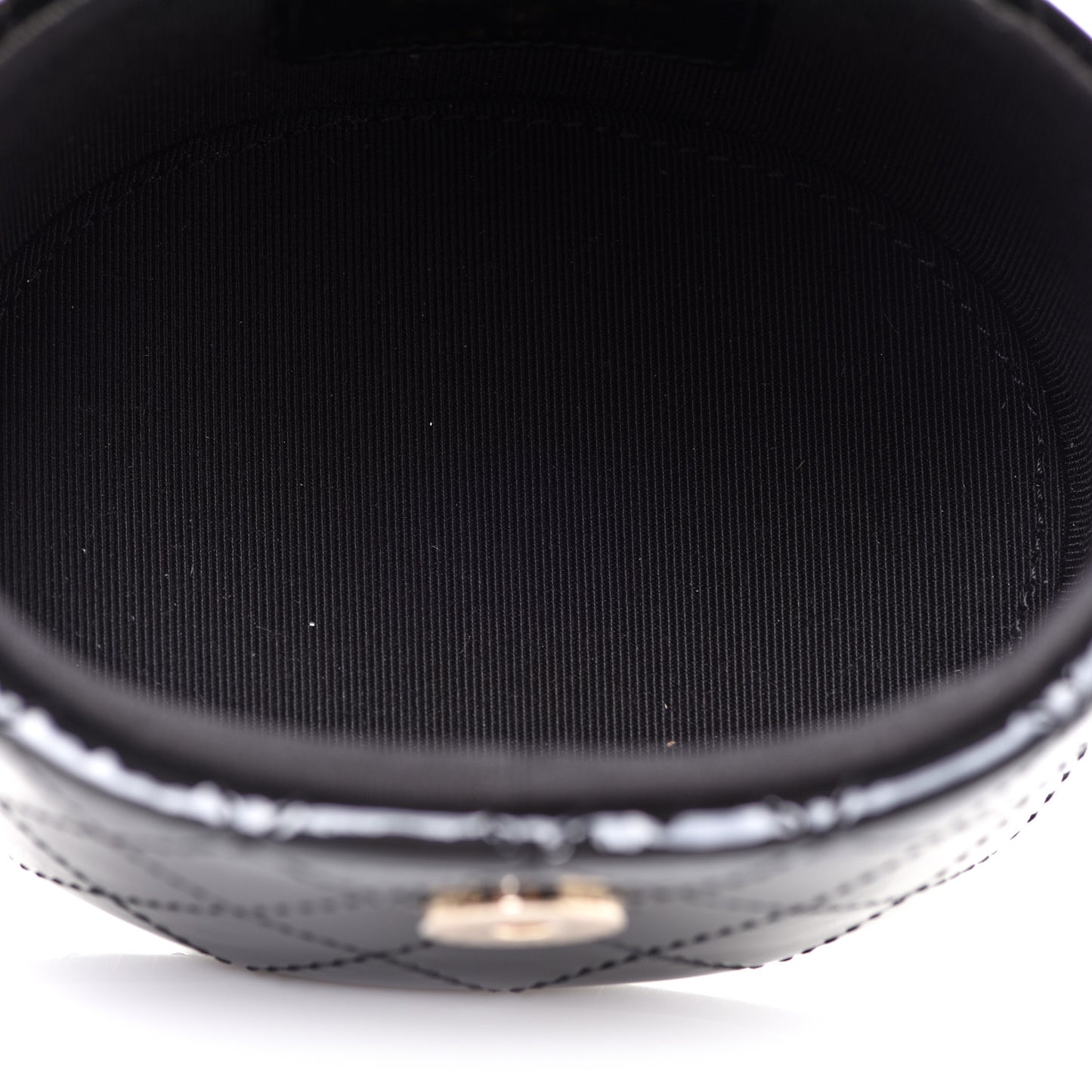 Patent Quilted Round Mini Vanity Case With Chain Black