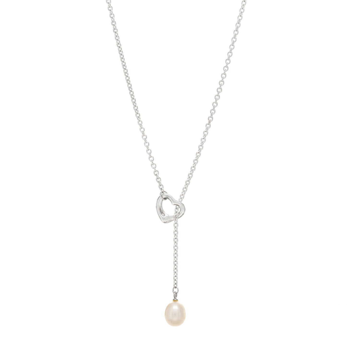 Sterling Silver Pearl 7.5-8mm Elsa Peretti Open Heart Lariat Necklace