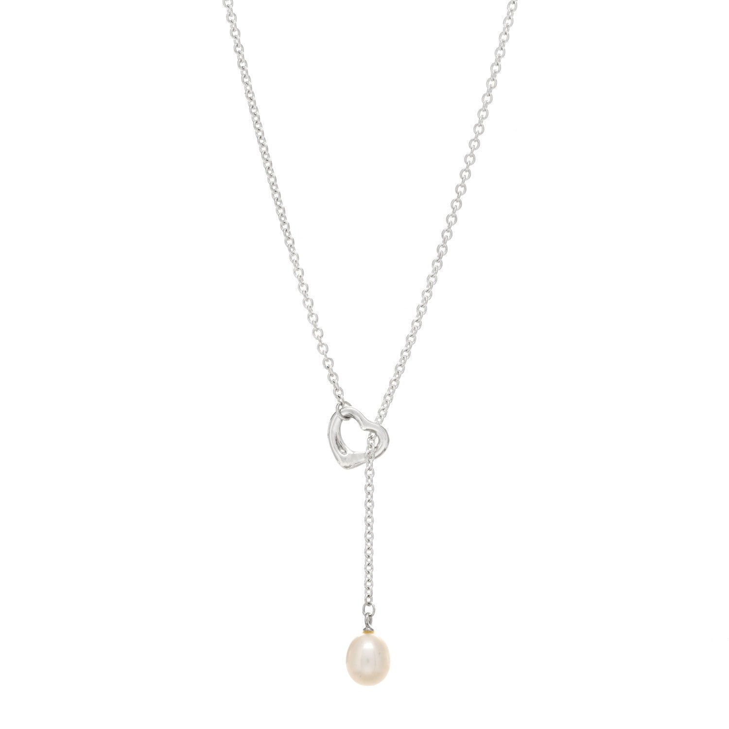 Tiffany Sterling Silver Pearl 7.5-8mm Elsa Peretti Open Heart Lariat Necklace 1 of 3