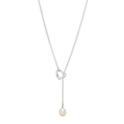 Tiffany Sterling Silver Pearl 7.5-8mm Elsa Peretti Open Heart Lariat Necklace 1 of 3