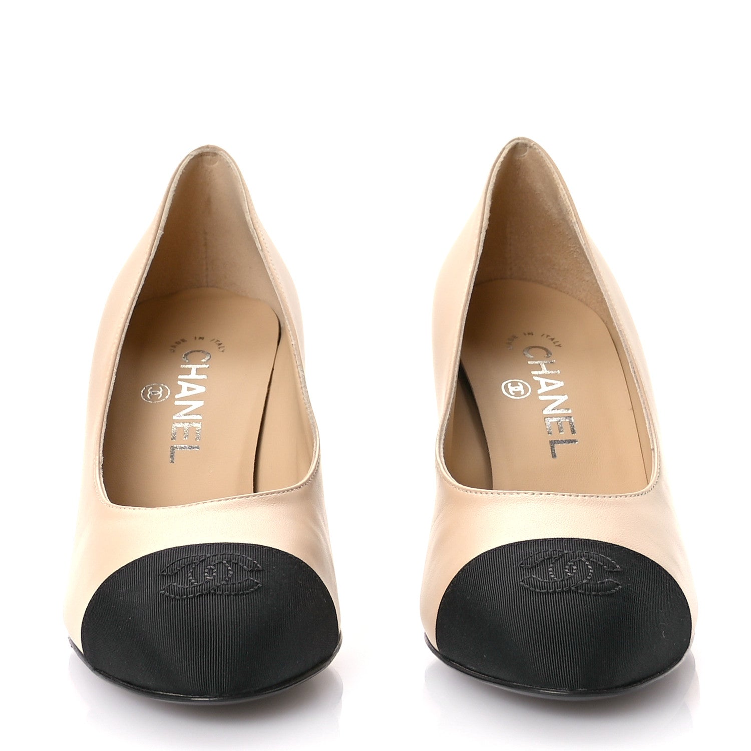 Chanel Lambskin Grosgrain Cap Toe Pumps 37.5 Beige Black 3 of 8