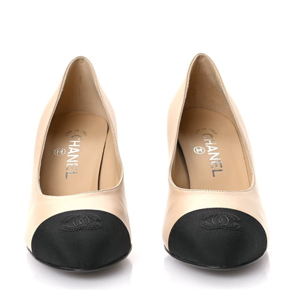Chanel Lambskin Grosgrain Cap Toe Pumps 37.5 Beige Black 3 of 8
