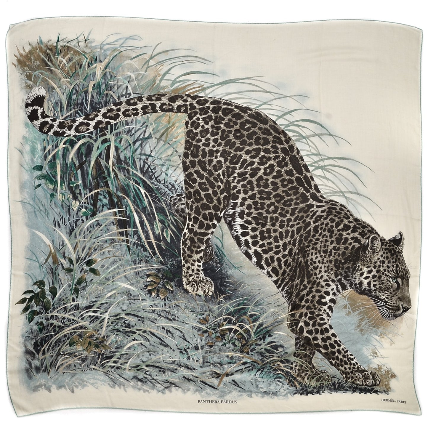 Cashmere Silk Panthera Pardus Scarf 140 Blanc Anthracite Vert