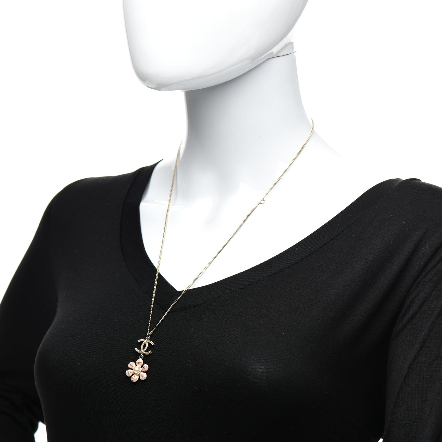 Enamel Pearl CC Flower Necklace Gold Pink