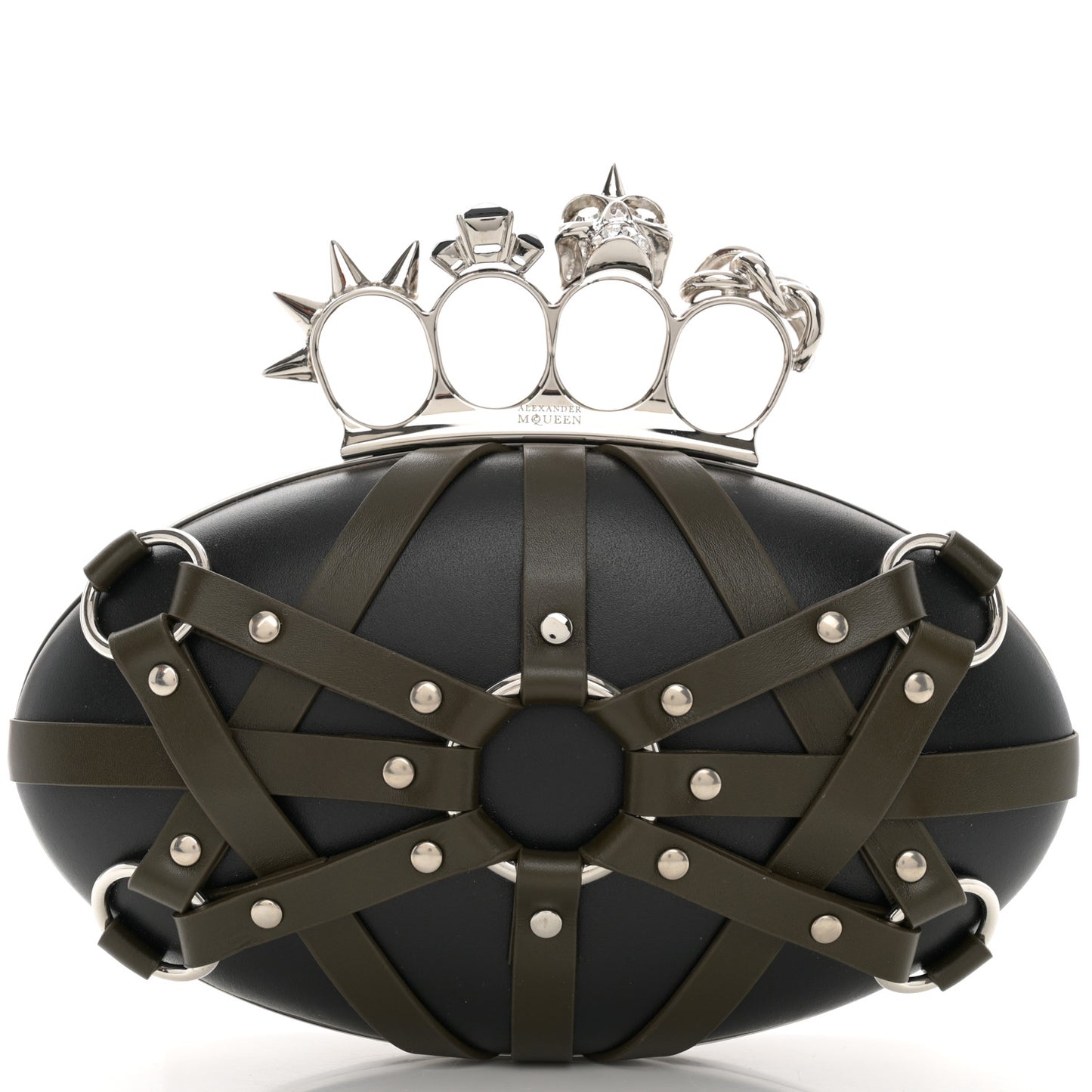 Nappa Harness Skull Knuckle Oval Box Clutch Black