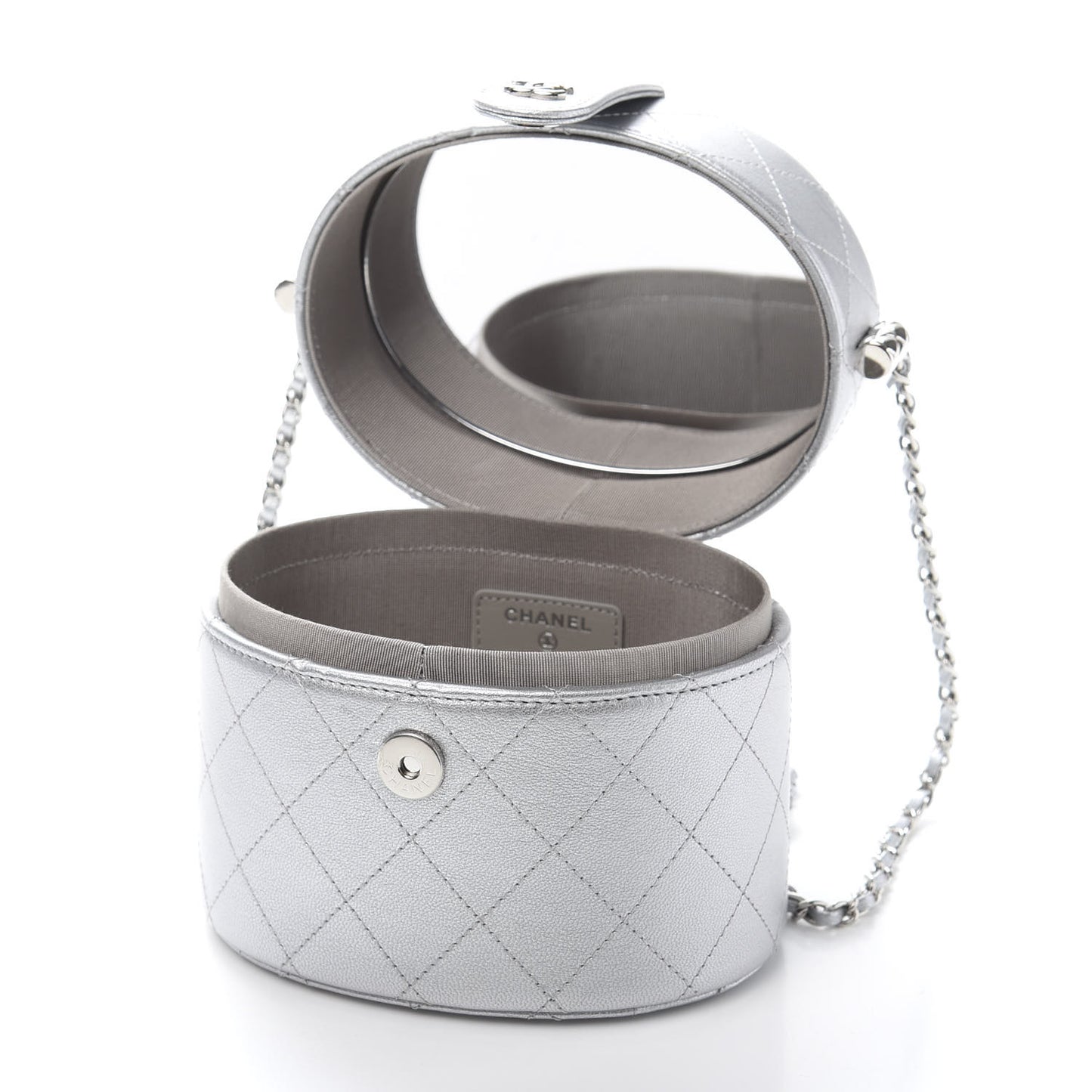 Metallic Lambskin Quilted Round Vanity Case With Chain Silver